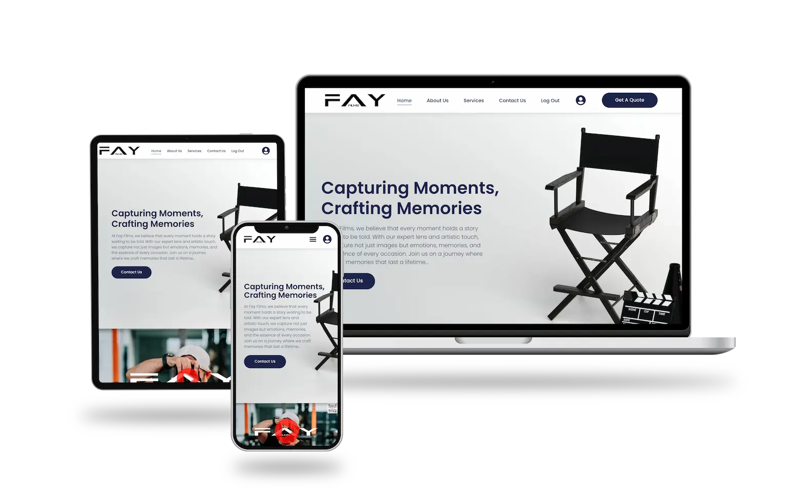 A responsive website design is displayed on a laptop, tablet, and smartphone. The homepage features a director's chair and the text "Capturing Moments, Crafting Memories.