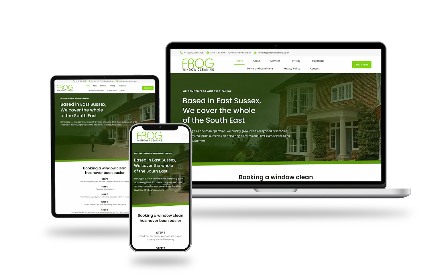Website for Frog Cleaners displayed on a laptop, tablet, and smartphone, featuring a house image and text, "Based in East Sussex, We cover the whole of the South East.