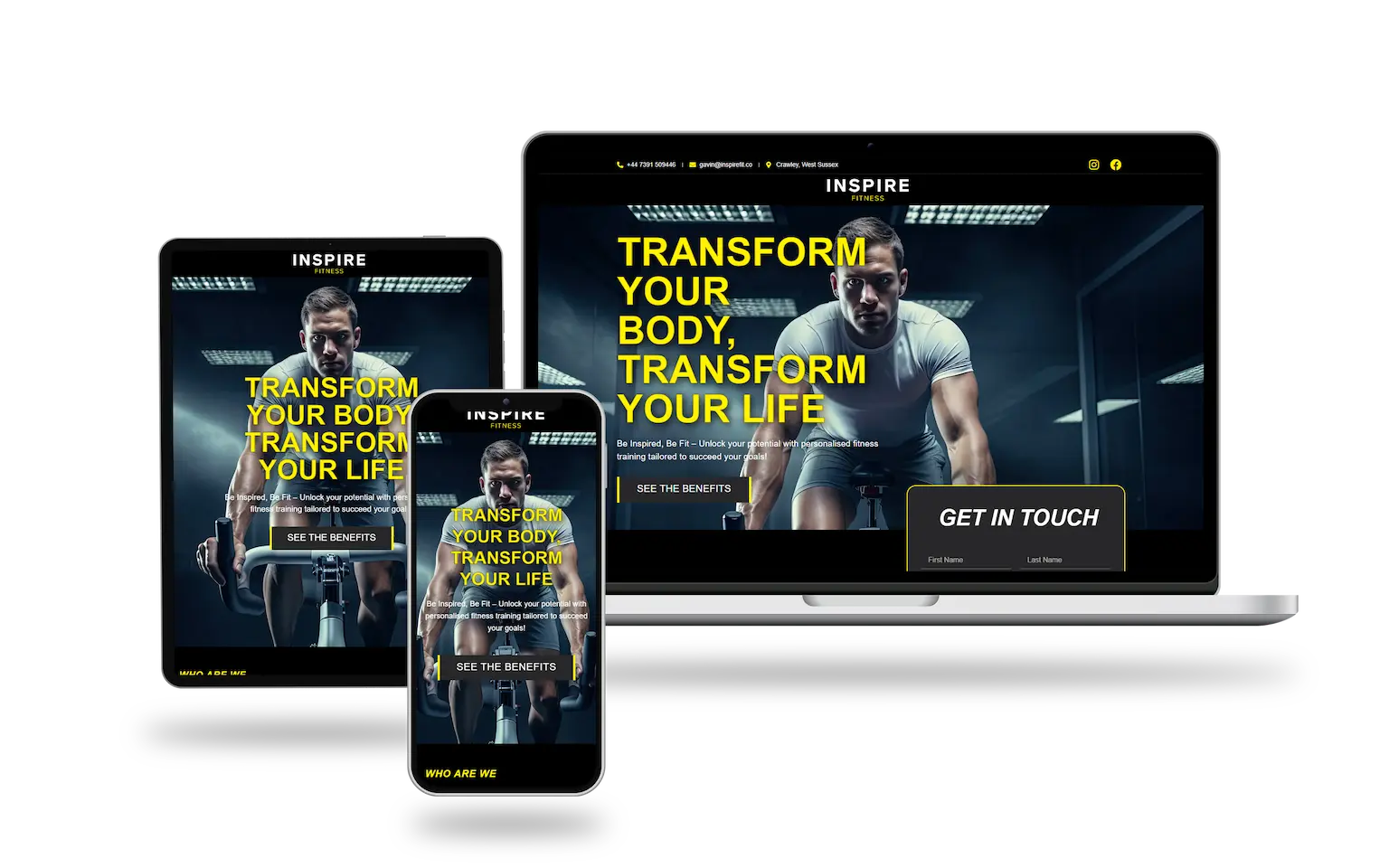 Responsive website design displayed on tablet, smartphone, and laptop screens. A man exercises with bright text overlay: "Transform Your Body, Transform Your Life.