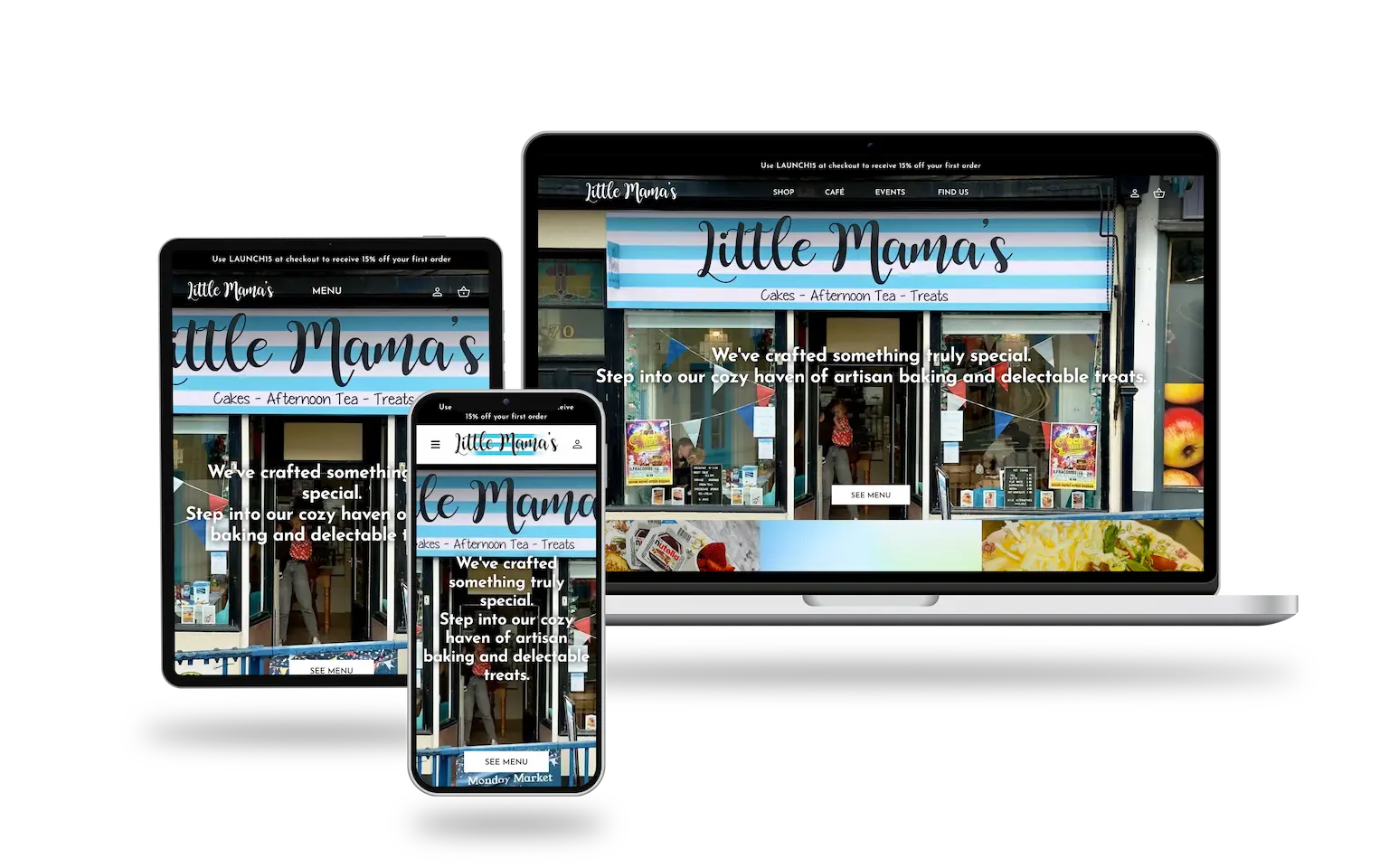 Responsive website design displayed on laptop, tablet, and smartphone screens, featuring "Little Mama's" bakery theme with blue and white striped branding.
