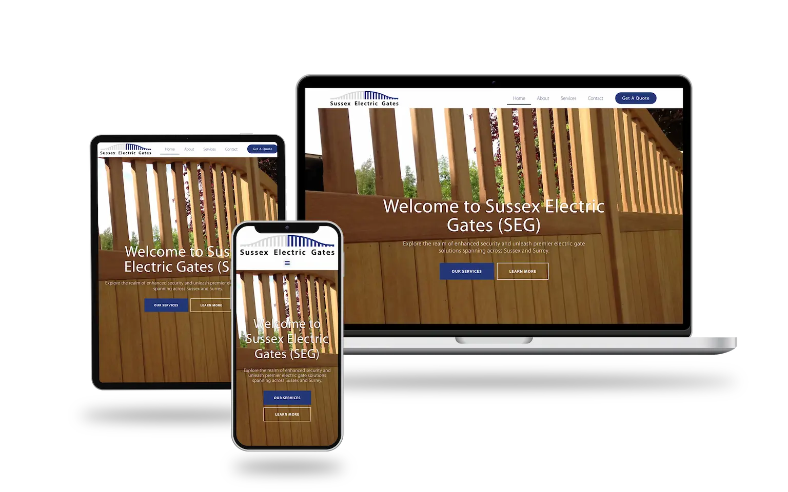 Responsive website design for Sussex Electric Gates displayed on a laptop, tablet, and smartphone, showing a wooden gate and welcome message.