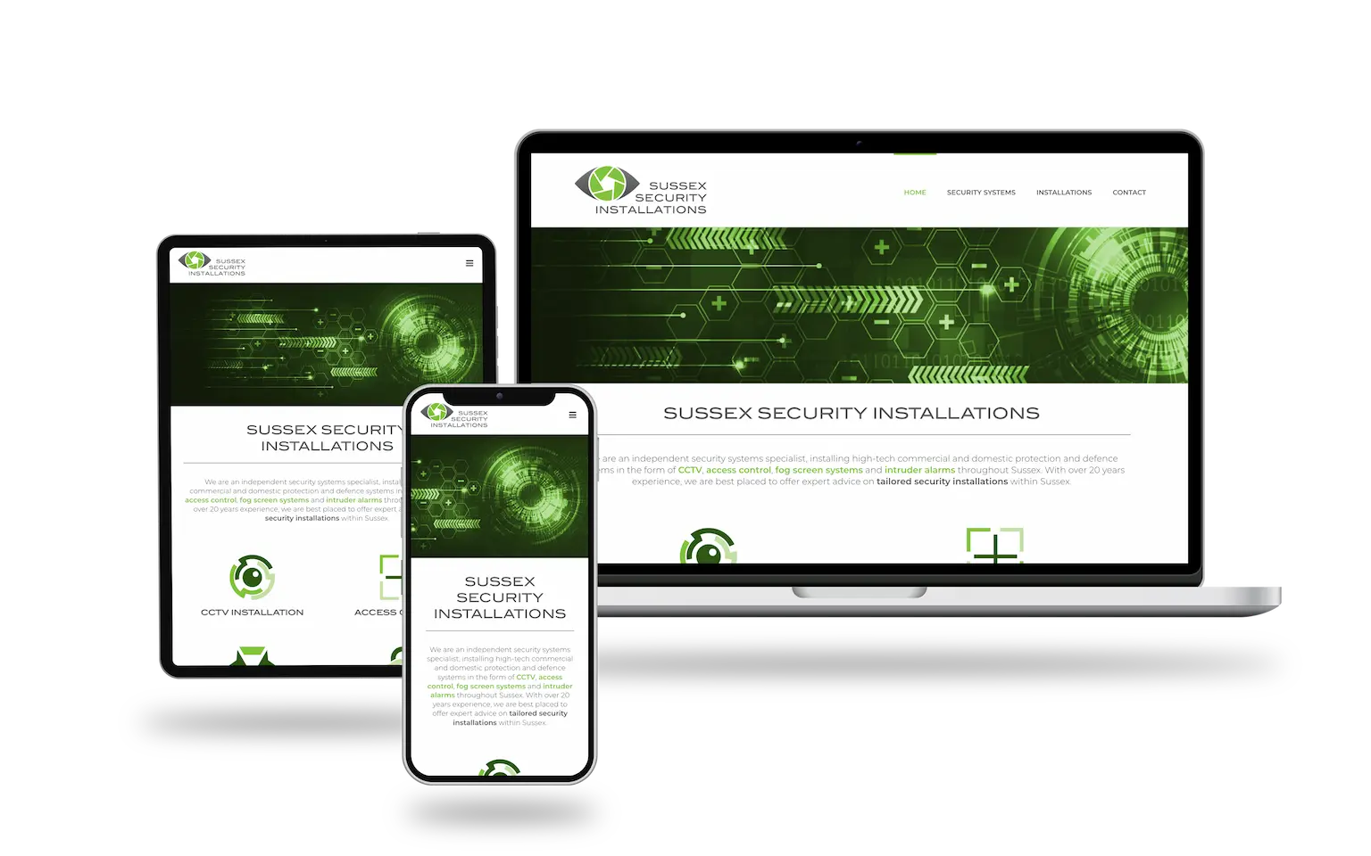 Mockup of a security installations website displaying on a laptop, phone, and tablet, with a green and white design.